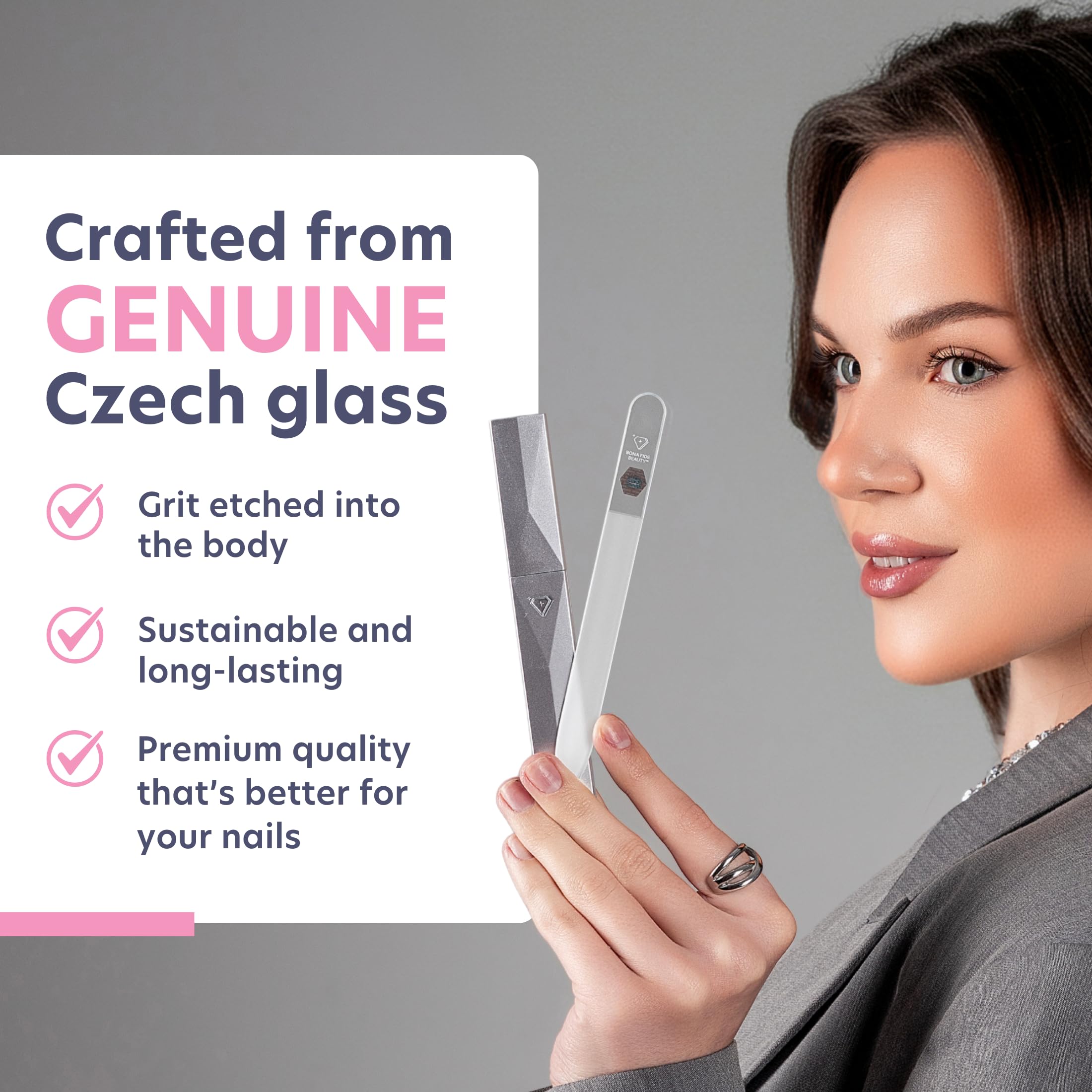 Bona Fide Beauty glass nail file inside its travel hard case
