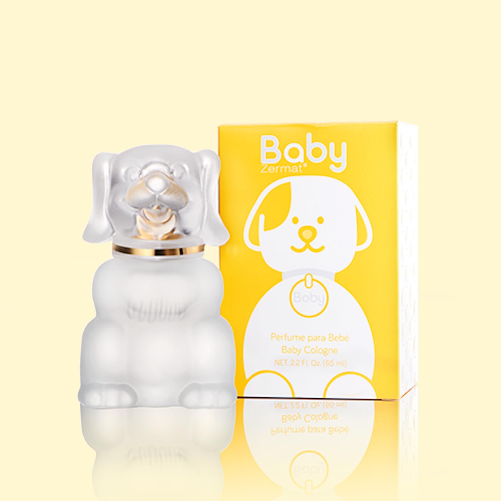 Side profile of Zermat unisex baby perfume in authentic puppy shaped glass container