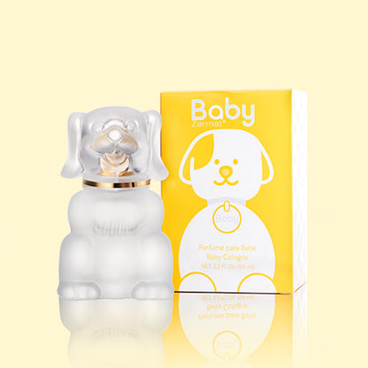 Side profile of Zermat unisex baby perfume in authentic puppy shaped glass container