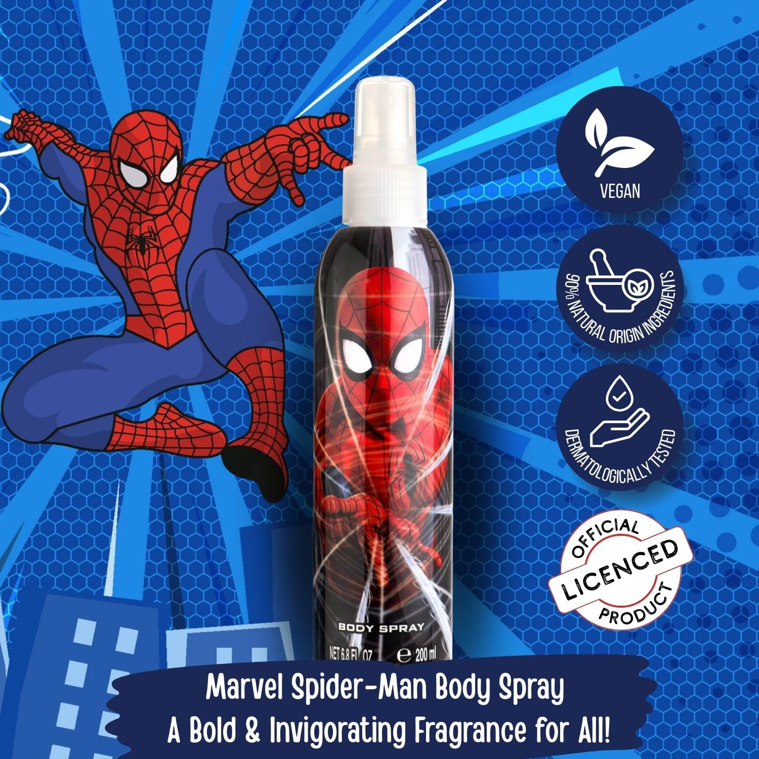 Side angle of the 6.8 Fluid Ounce Spider-Man kids perfume spray bottle.