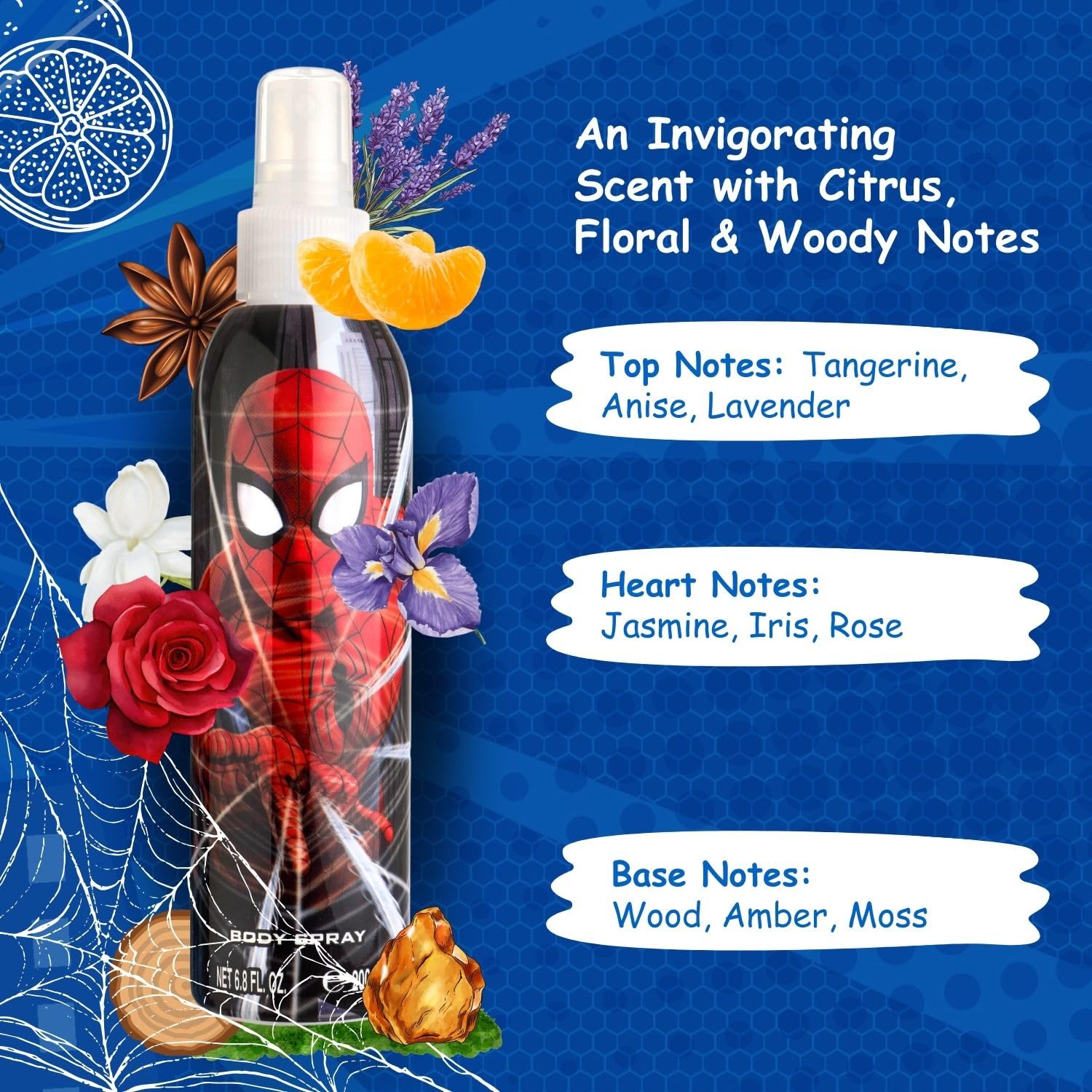 Back label of the authentic Air-Val Spider-Man body spray detailing ingredients and safety information.
