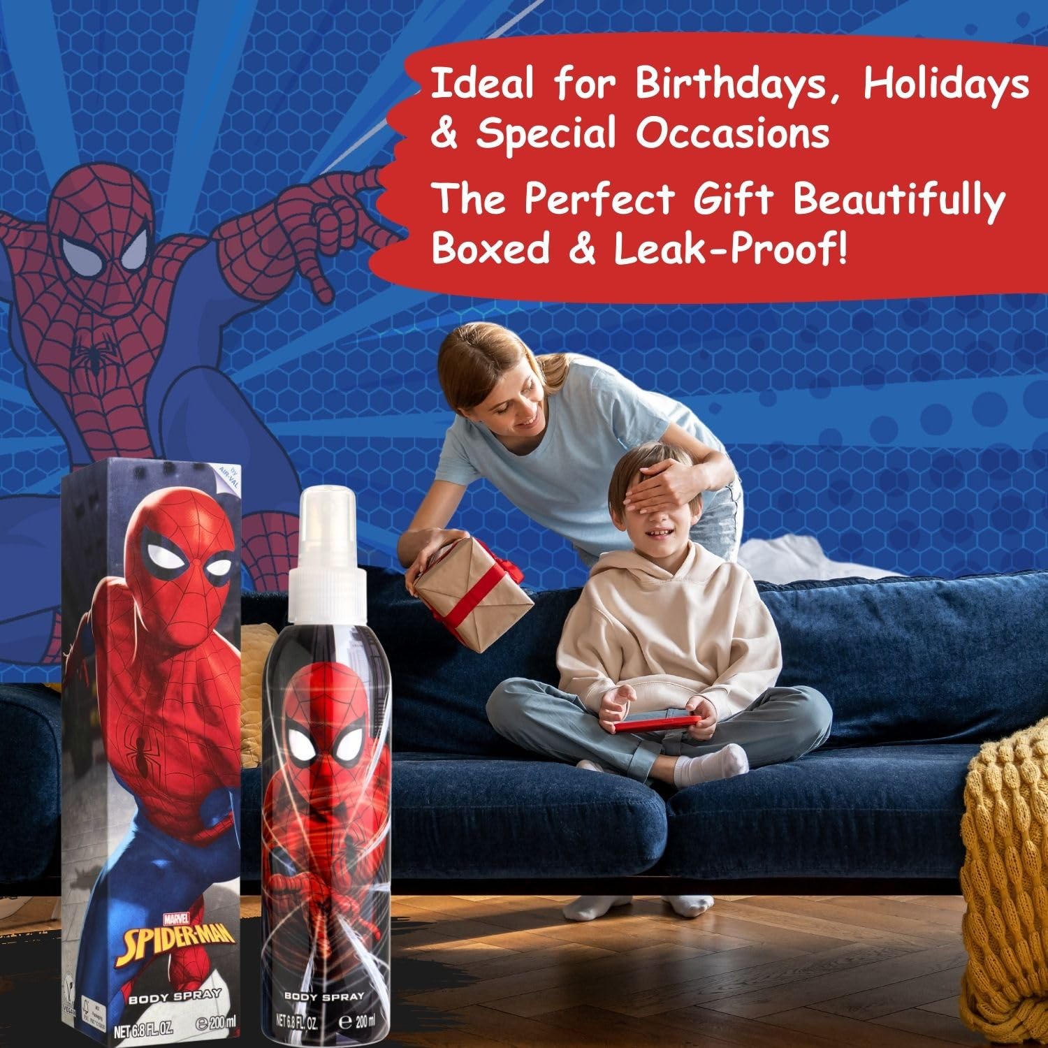 Close-up of the red, white, blue, and black Marvel Spider-Man cologne cap and spray nozzle.