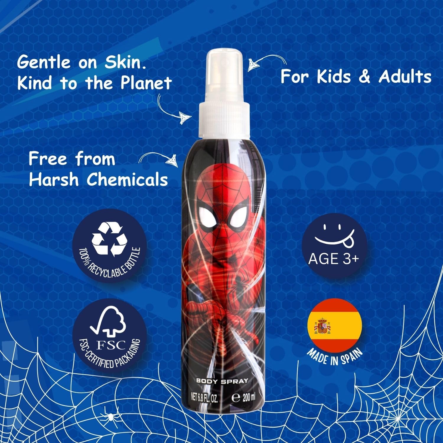 The imported Spider-Man kids cologne standing upright in its themed presentation box.