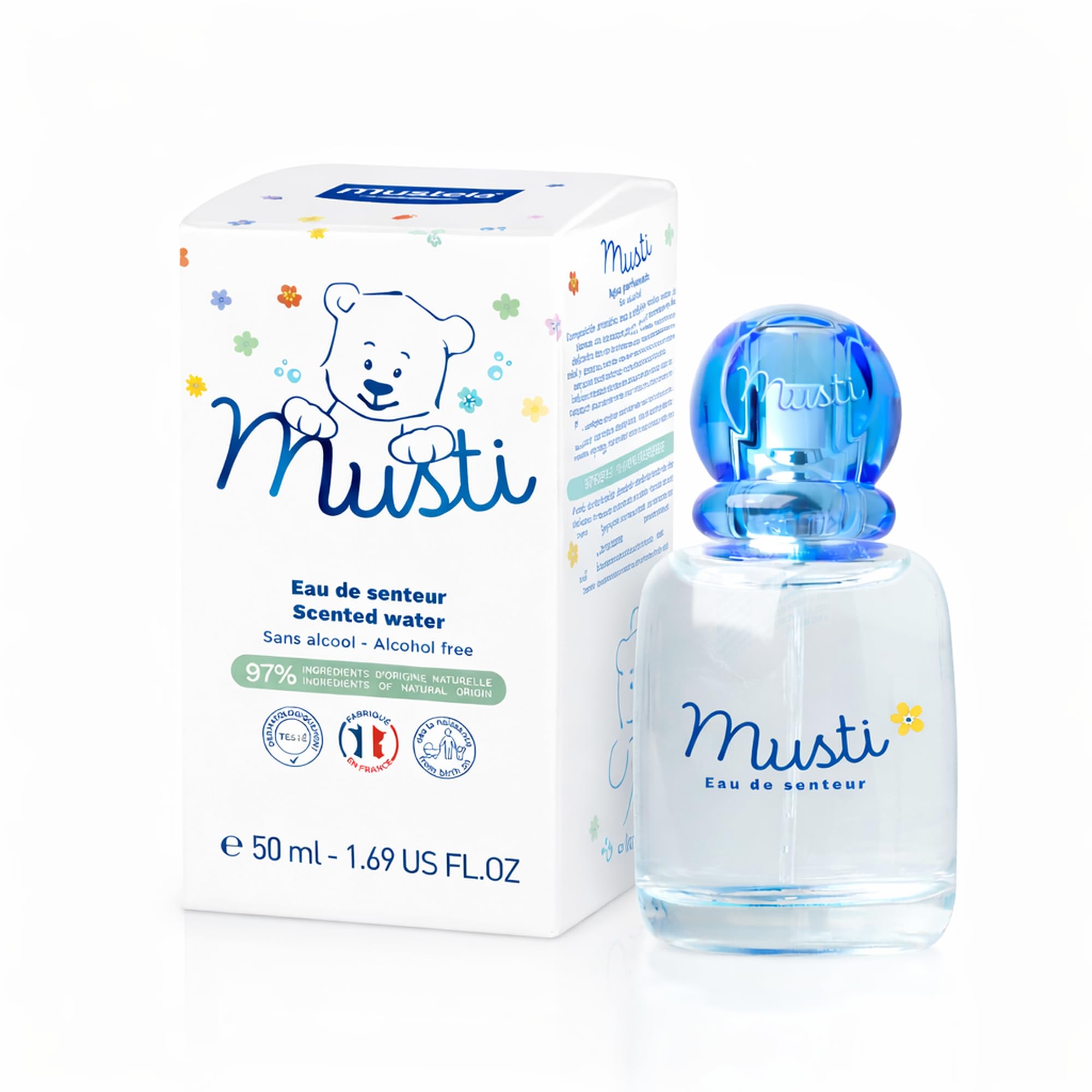Mustela Musti Eau de Soin alcohol free baby cologne spray packaging details