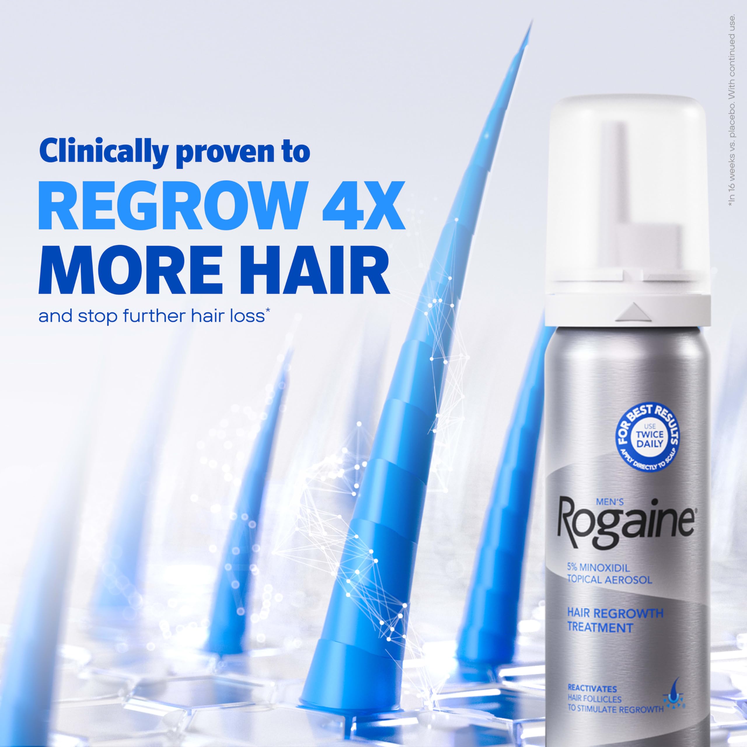 Side view of Rogaine extra strength hair regrowth treatment aerosol cans