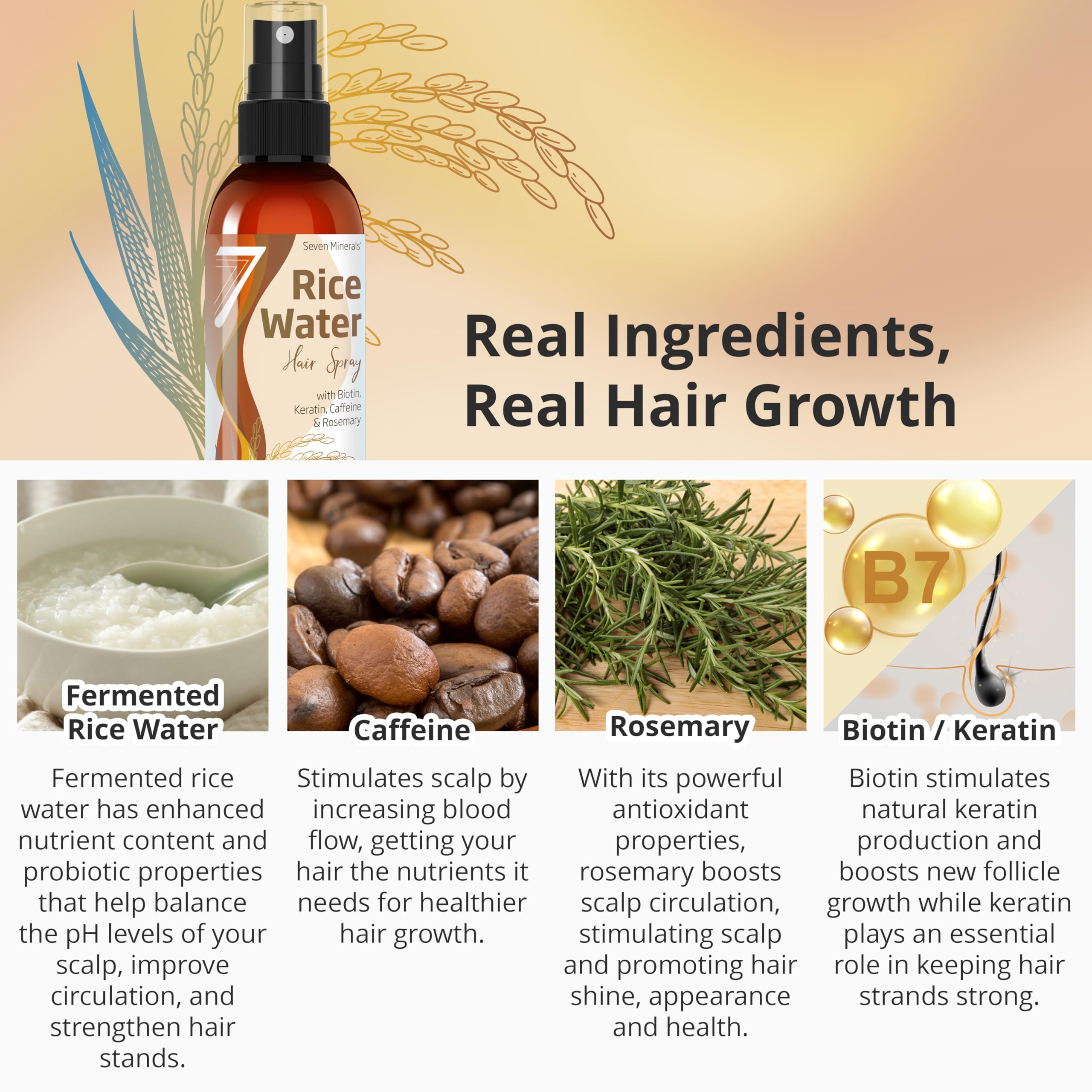 Seven Minerals non greasy rice water spray showcasing the spray pump applicator for easy use.