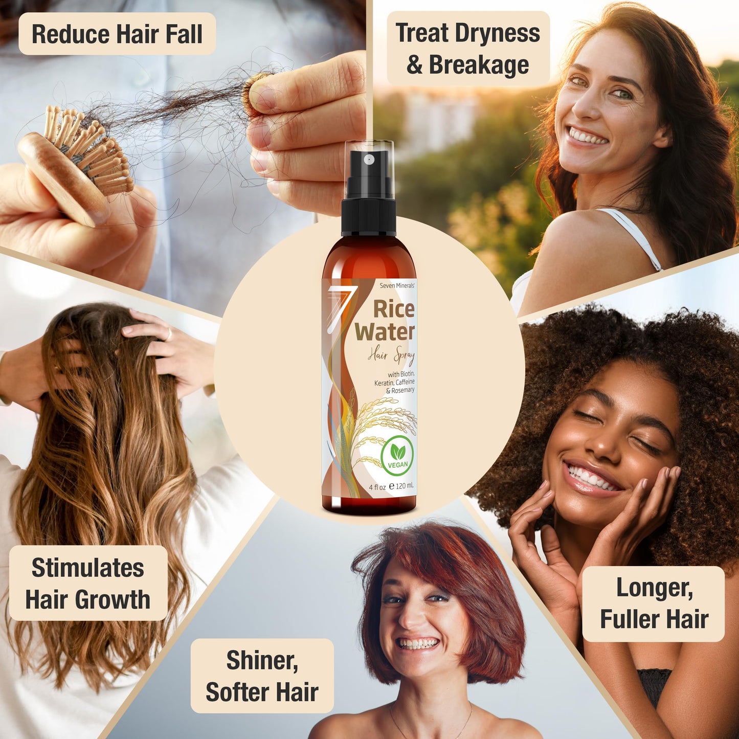 Back label of Seven Minerals hair spray detailing vegan ingredients like rosemary and biotin.