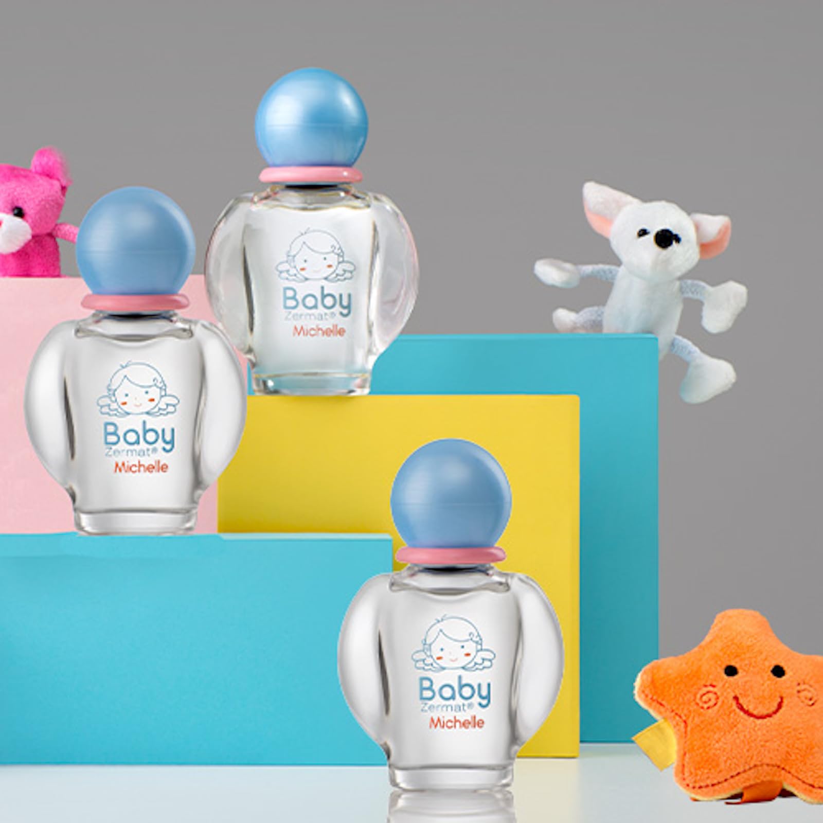 Gentle powdery floral infant cologne bottle highlighting the secure cap design