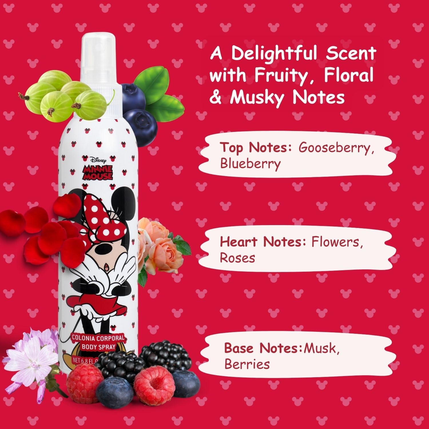 Imported Disney Minnie Mouse children fragrance mist display showing volume information