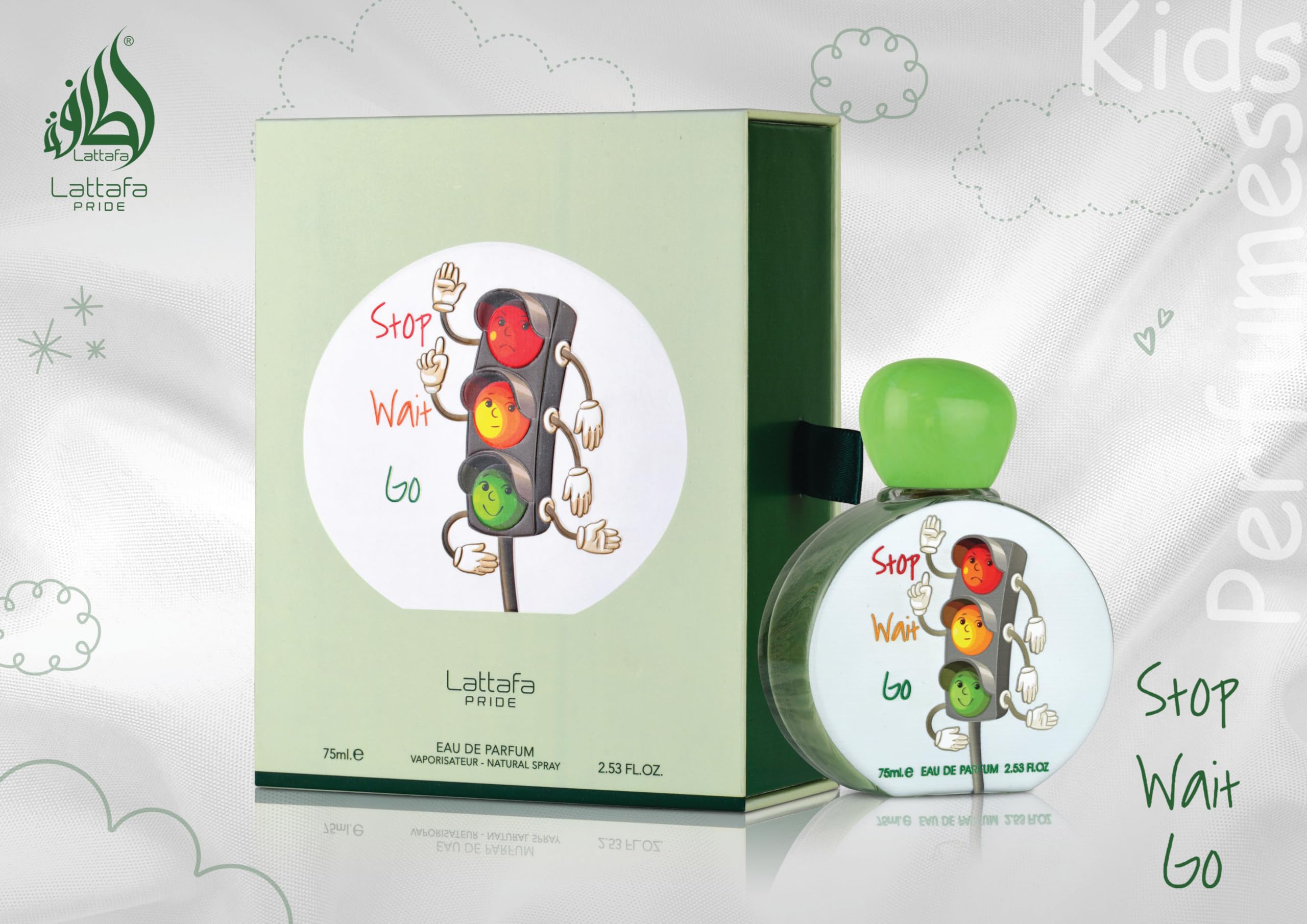 Authentic Lattafa Pride Stop Wait Go children's imported perfume spray packaging and bottle layout.