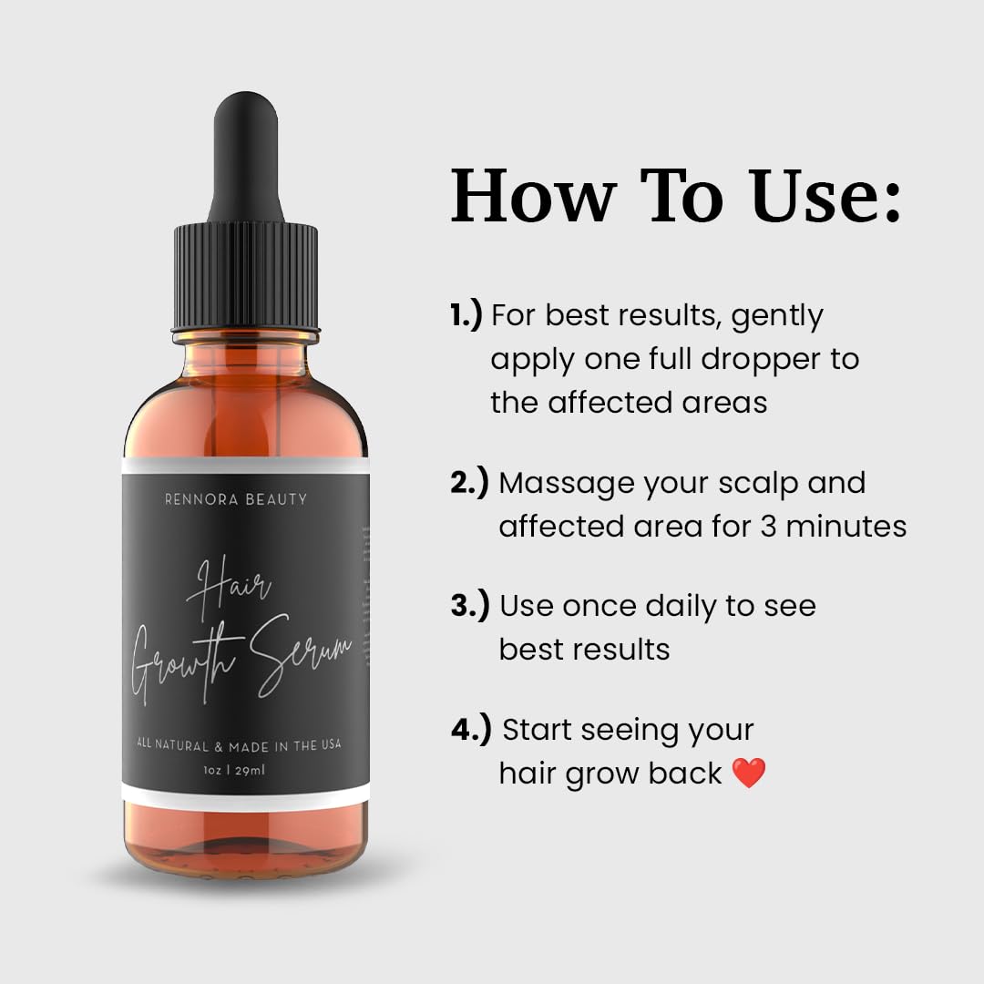 Rennora Beauty botanical hair growth oil highlighting organic herbs, stinging nettle, and rosemary oil ingredients.