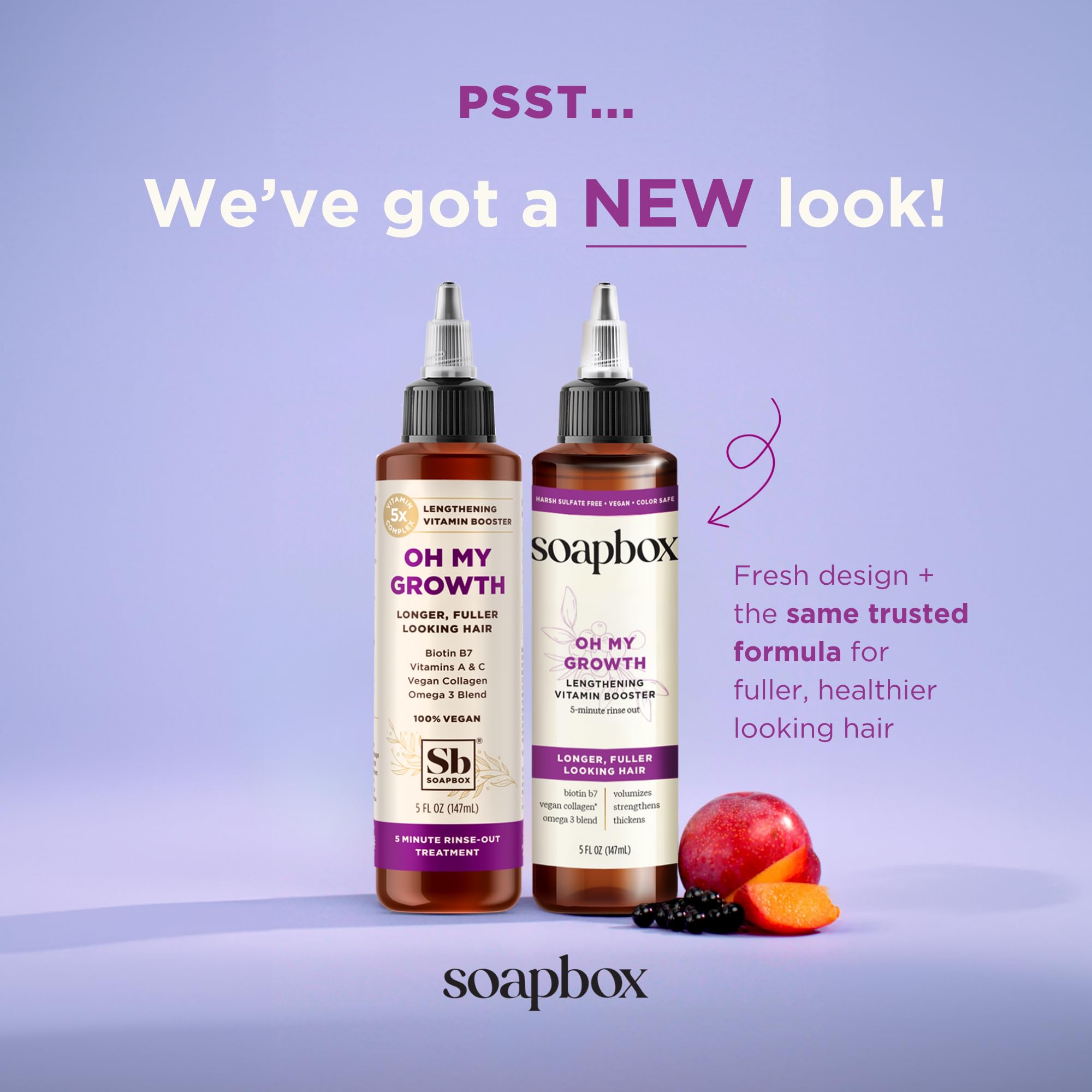Soapbox Oh My Growth rinse-out treatment showing biotin and vegan collagen product callouts