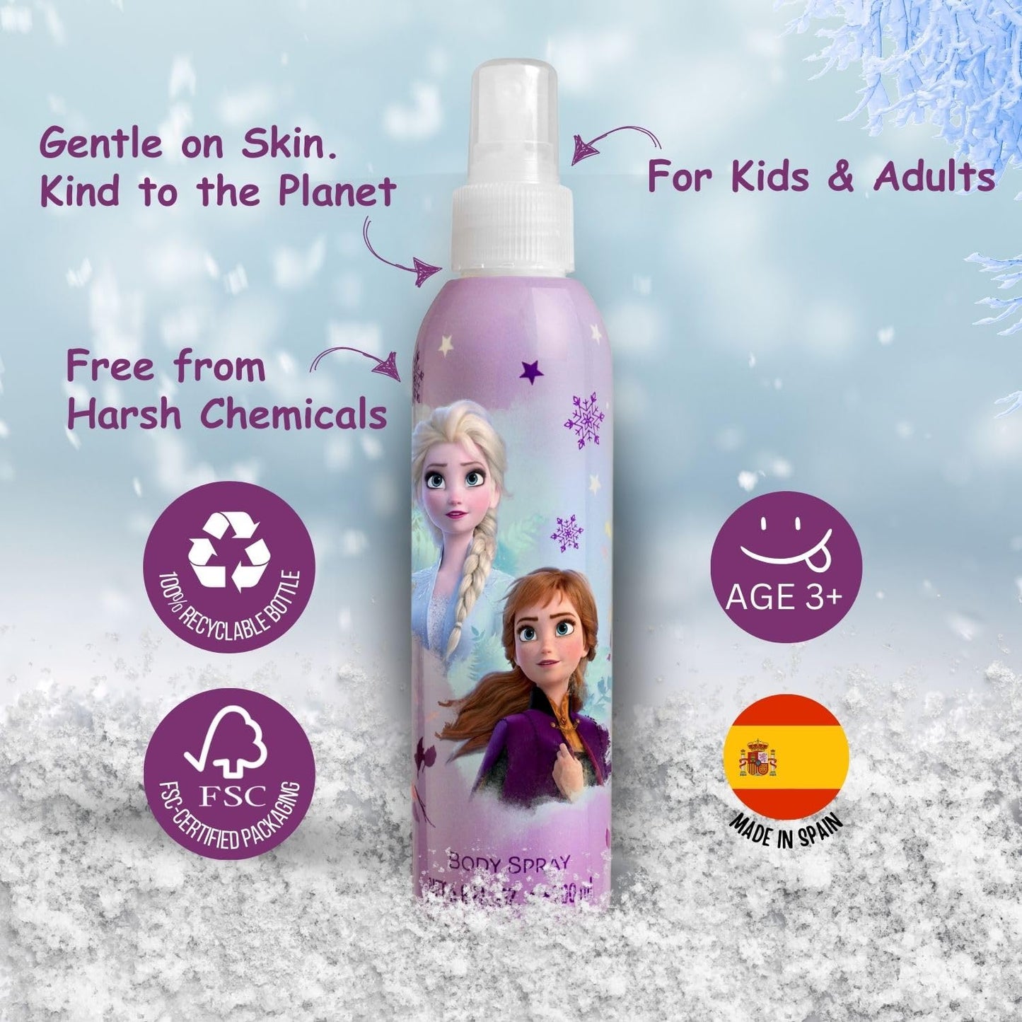 Disney Elsa and Anna themed kids body spray bottle top view showing secure cap