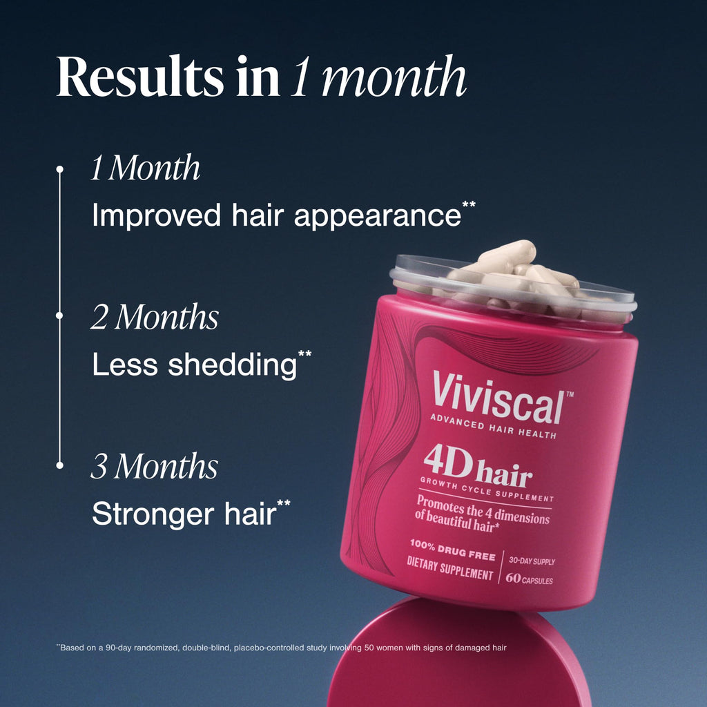 Viviscal 4D hair supplement bottle showing capsule count