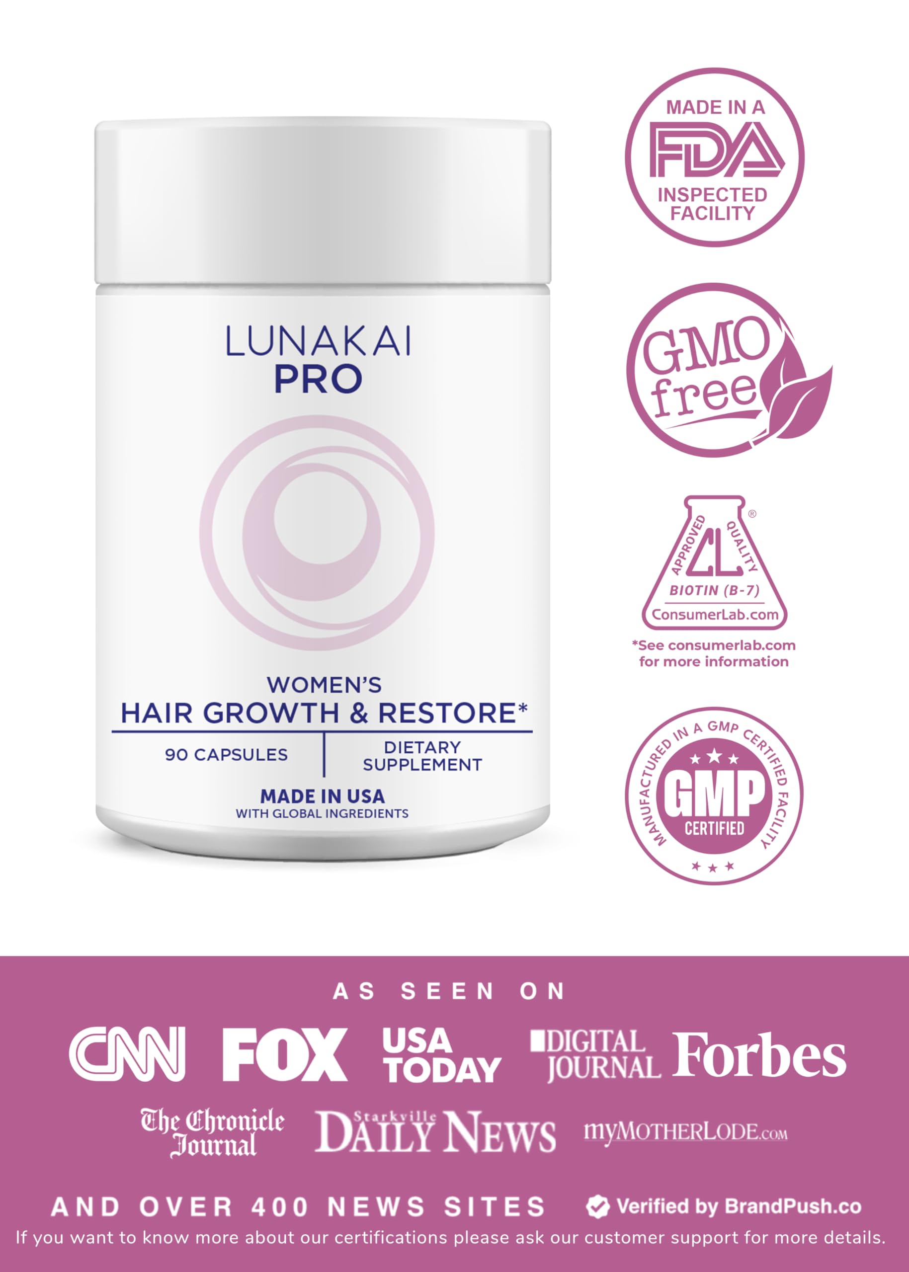 Lunakai USA made daily hair vitamins for thicker strands supplement facts label close up.