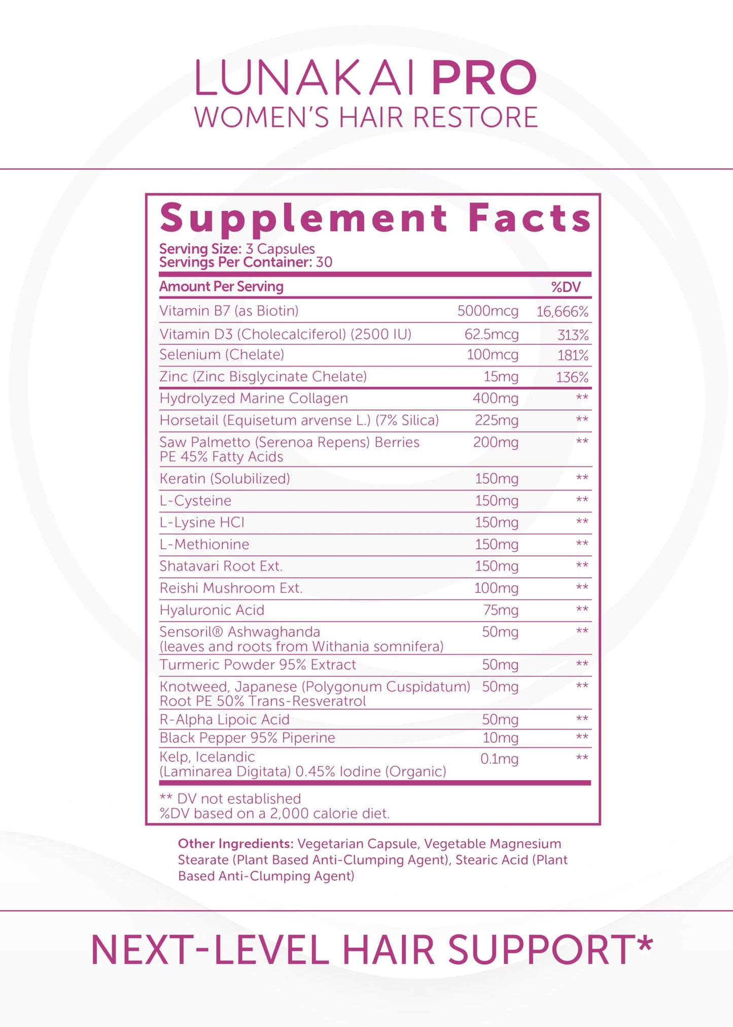 Natural hair growth supplement containing saw palmetto and keratin capsule count verification view.