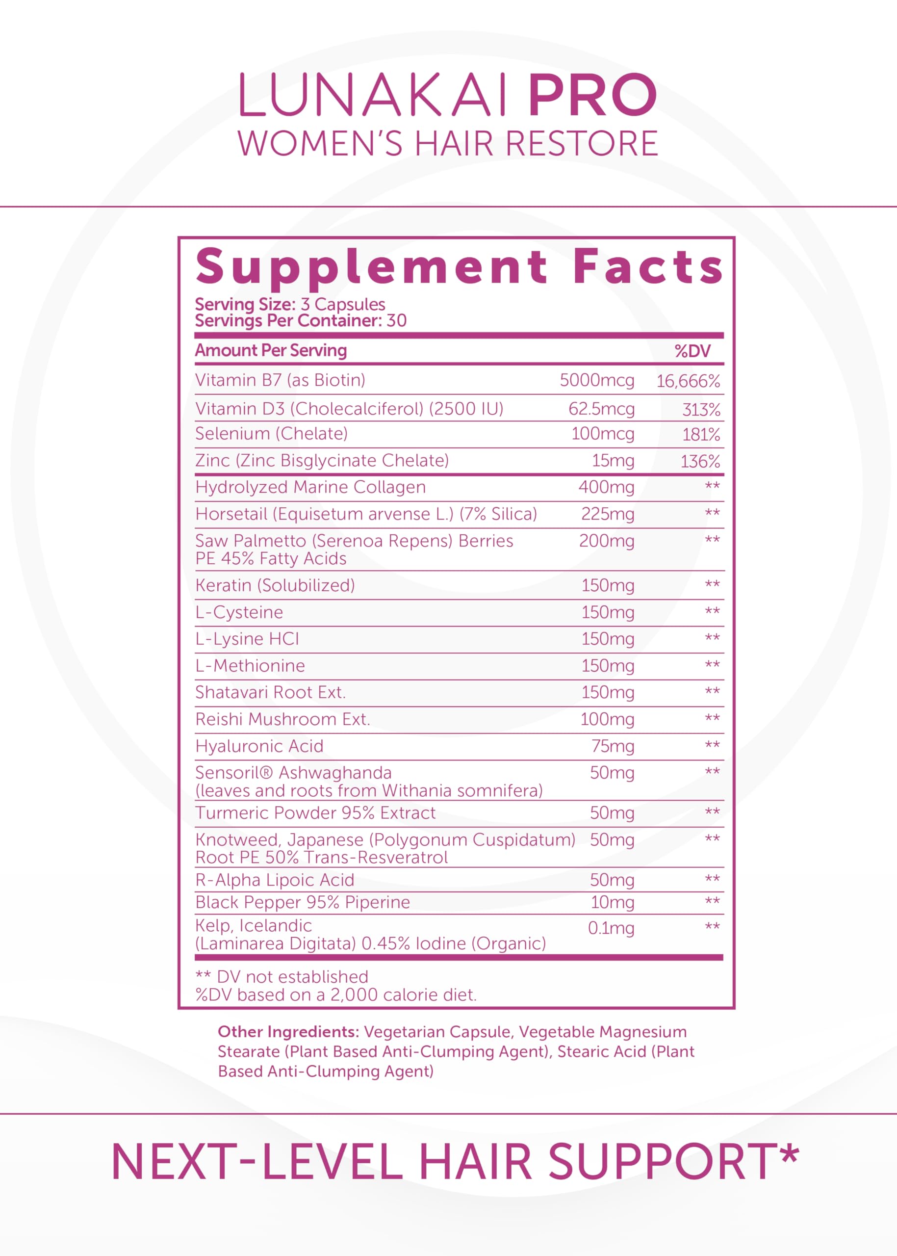 Natural hair growth supplement containing saw palmetto and keratin capsule count verification view.
