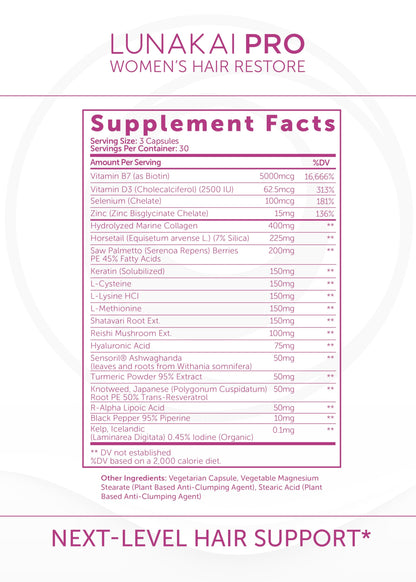 Natural hair growth supplement containing saw palmetto and keratin capsule count verification view.