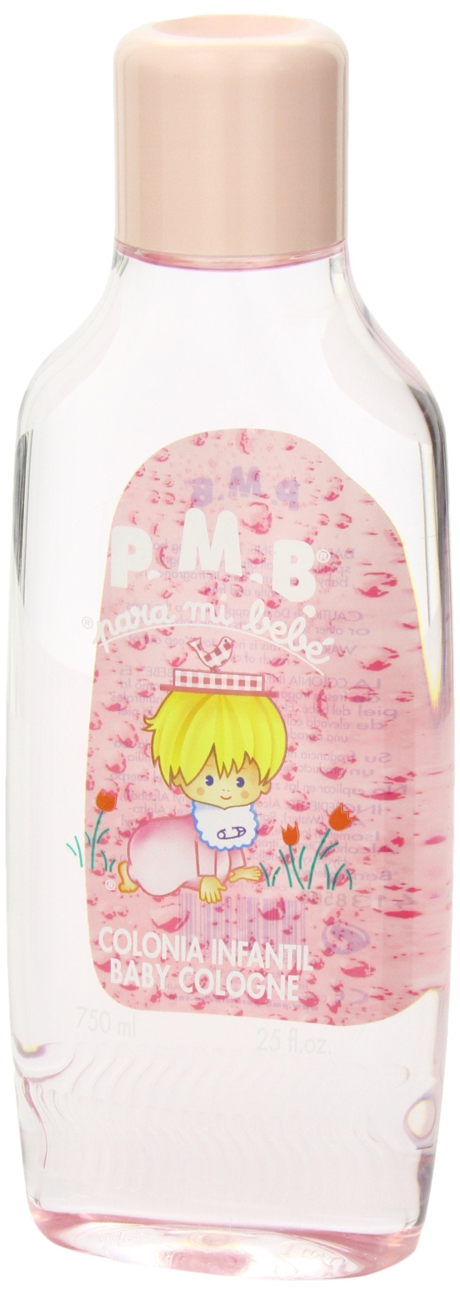 Side profile of Para Mi Bebe pink splash cologne family size container.