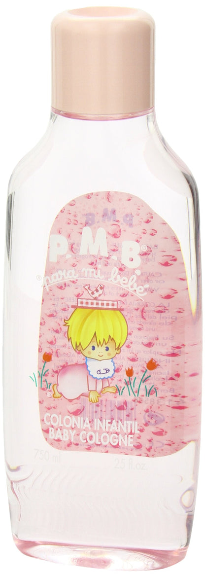 Side profile of Para Mi Bebe pink splash cologne family size container.
