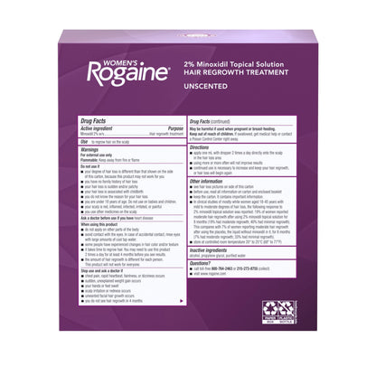 Unscented minoxidil hair thinning treatment for women three month supply packaging box detail