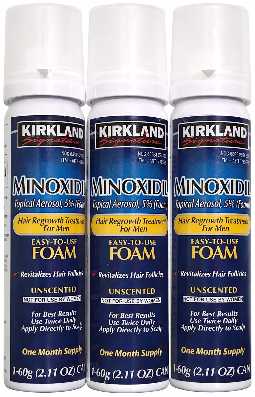 Authentic USA imported Kirkland Minoxidil topical aerosol foam 3 pack packaging details