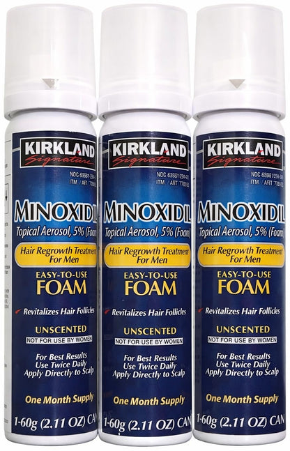 Authentic USA imported Kirkland Minoxidil topical aerosol foam 3 pack packaging details