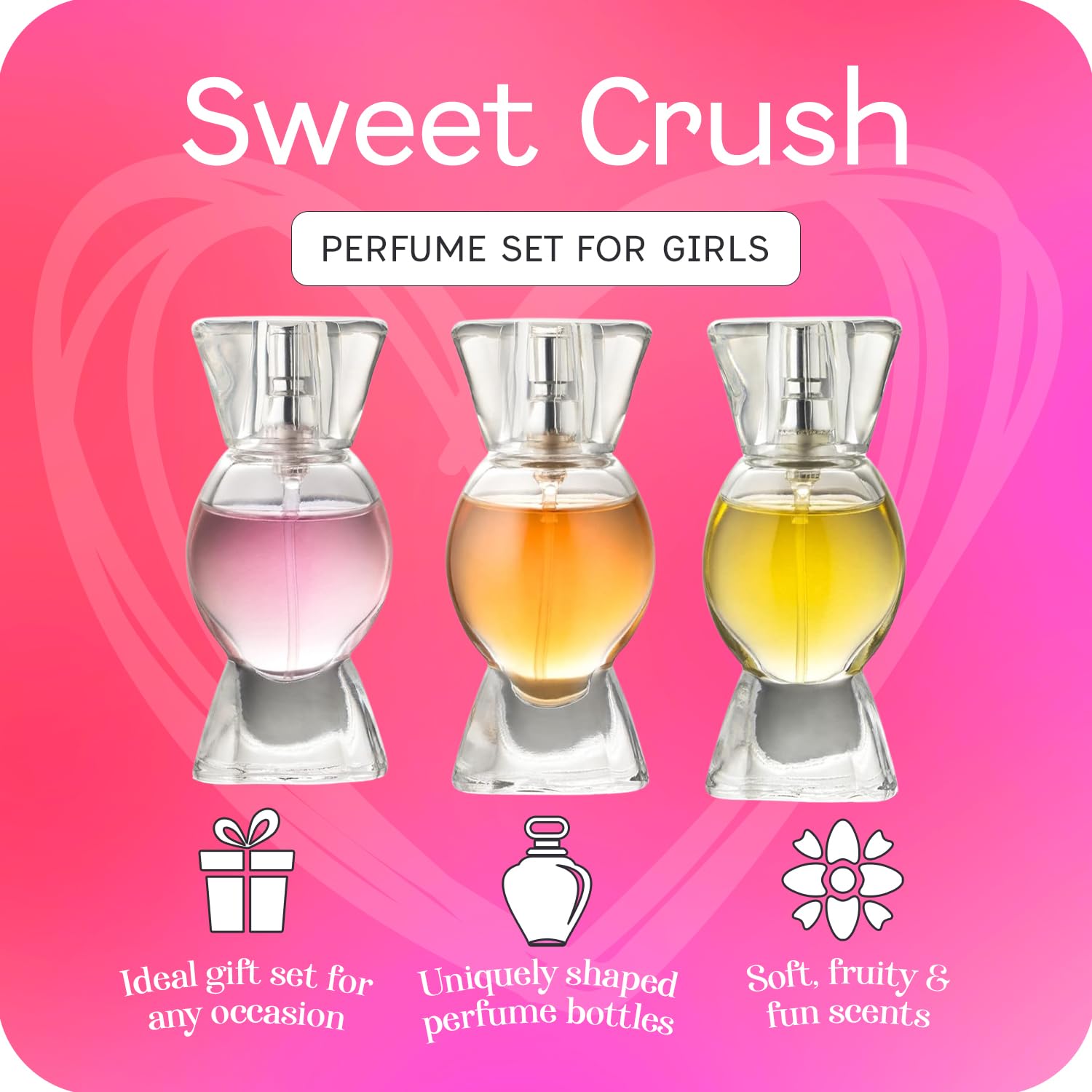 Sweet Crush body spray set for teen girls displaying the vibrant packaging and individual fragrance bottles.