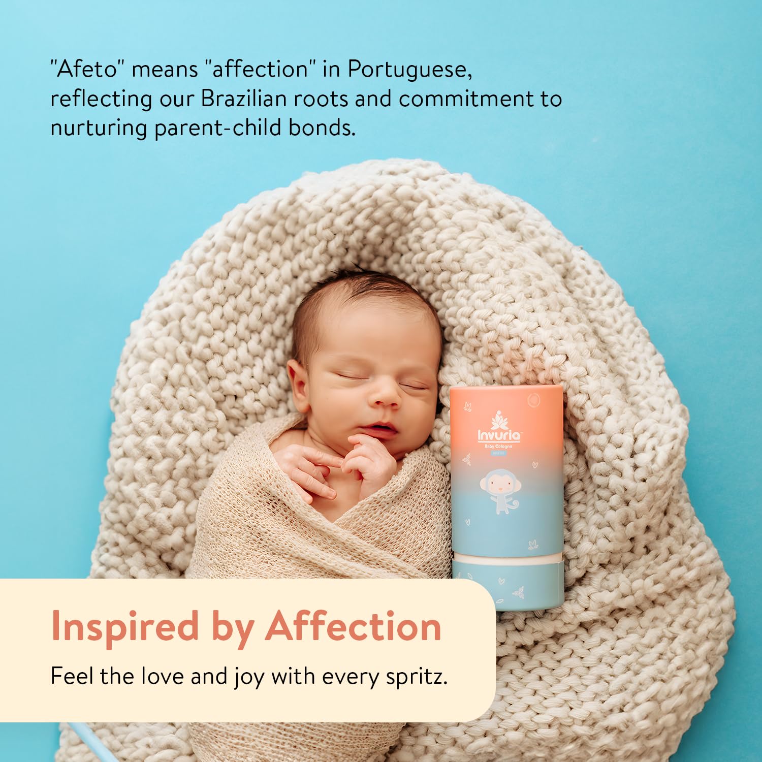 Alcohol-free infant perfume bottle showing the clear liquid formulation for sensitive skin