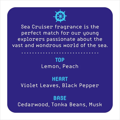 Ajmal Sea Cruiser fragrance packaging highlights and ingredients view