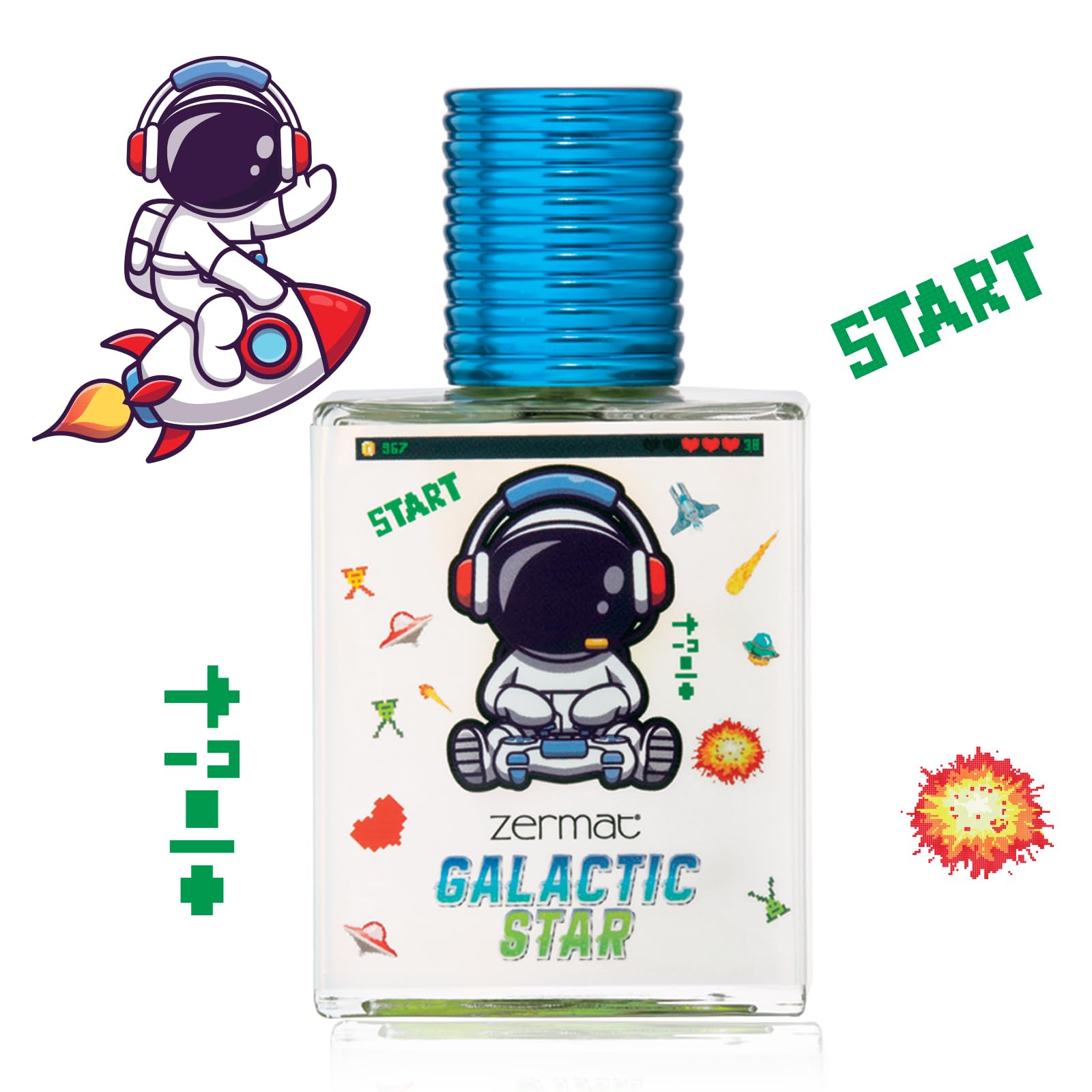 Imported Zermat Galactic Star fresh fruity perfume for young boys showing the spray nozzle and packaging.