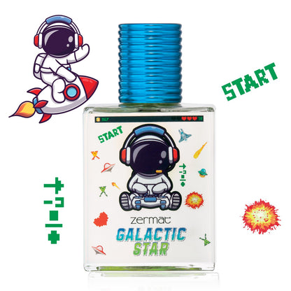 Imported Zermat Galactic Star fresh fruity perfume for young boys showing the spray nozzle and packaging.