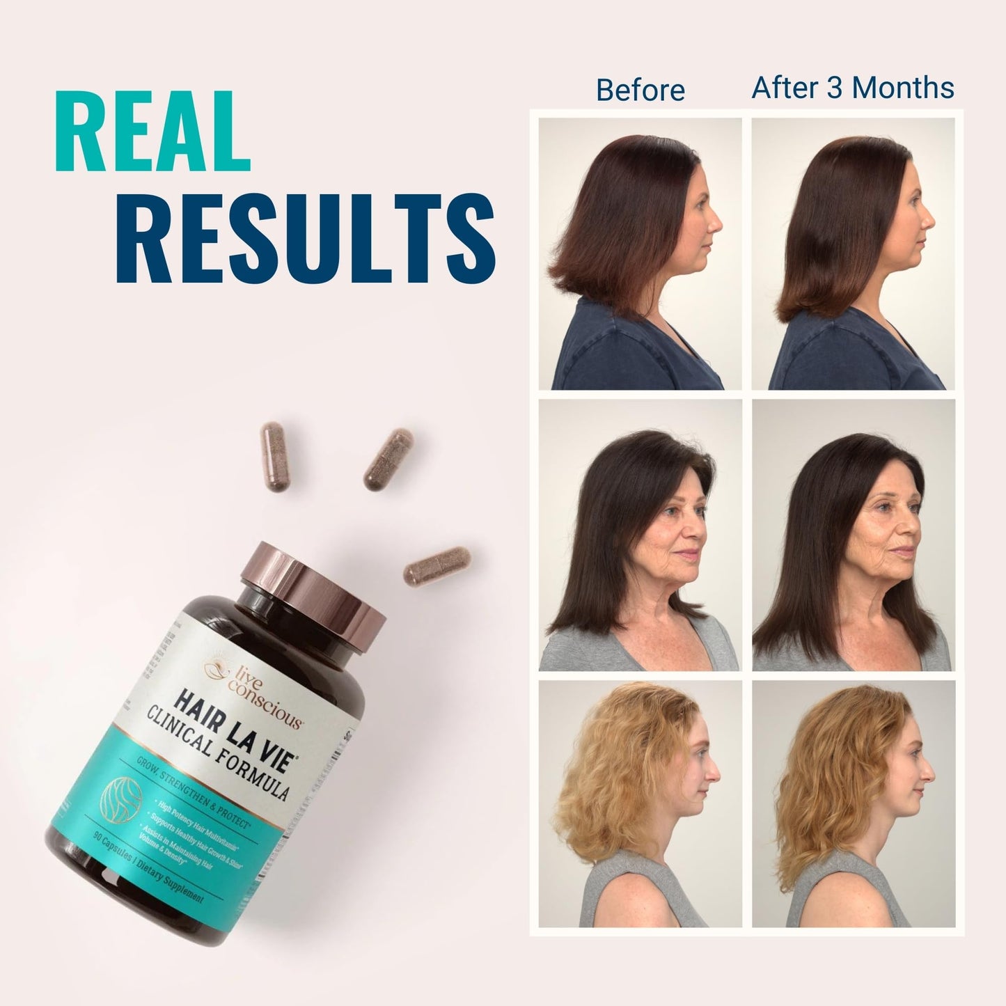 Live Conscious Hair La Vie 90 capsules bottle showing biotin and collagen benefits