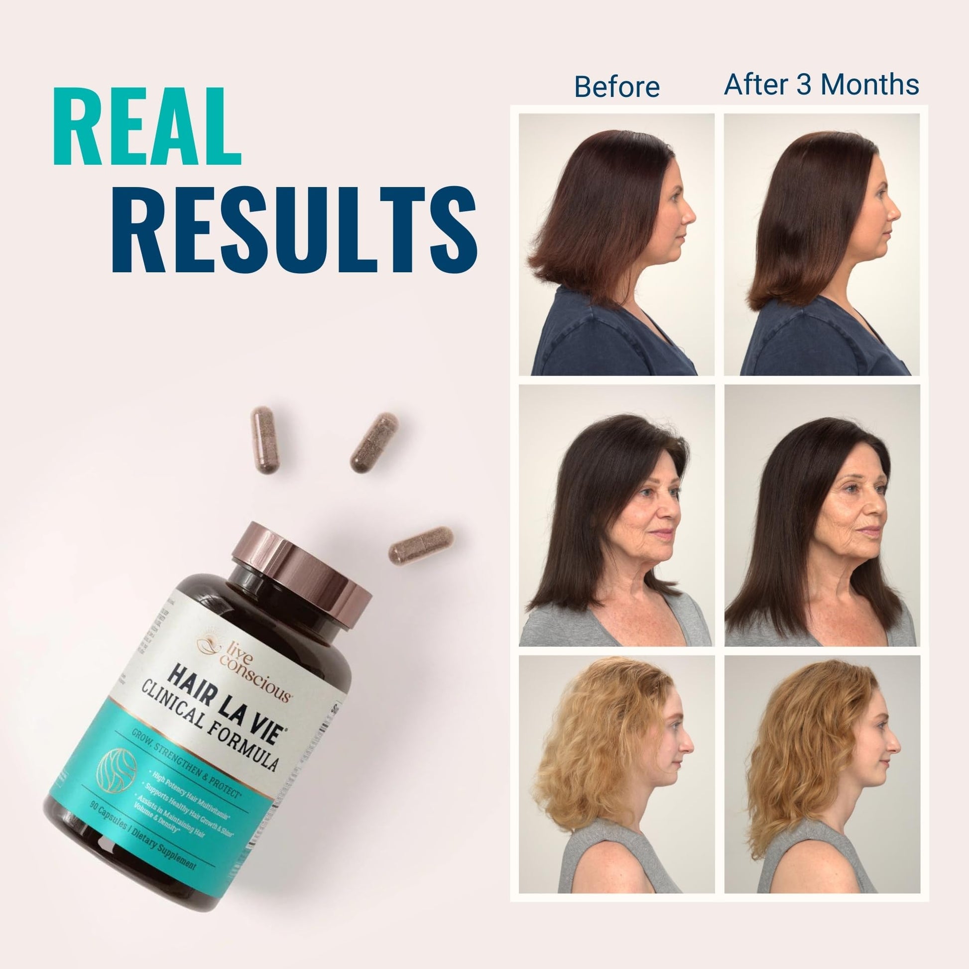 Live Conscious Hair La Vie 90 capsules bottle showing biotin and collagen benefits