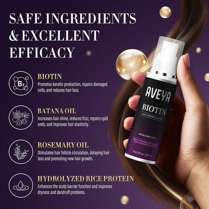 Sixty milliliter bottle of AVEYA non greasy hair growth serum showing product details