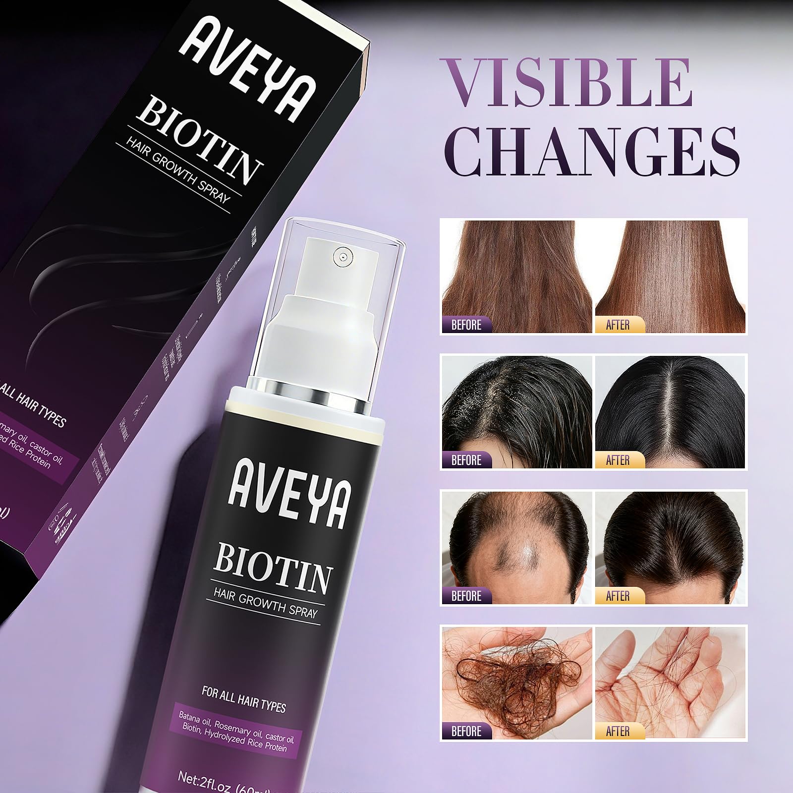 AVEYA hair thinning treatment spray packaging showcasing biotin and natural ingredients