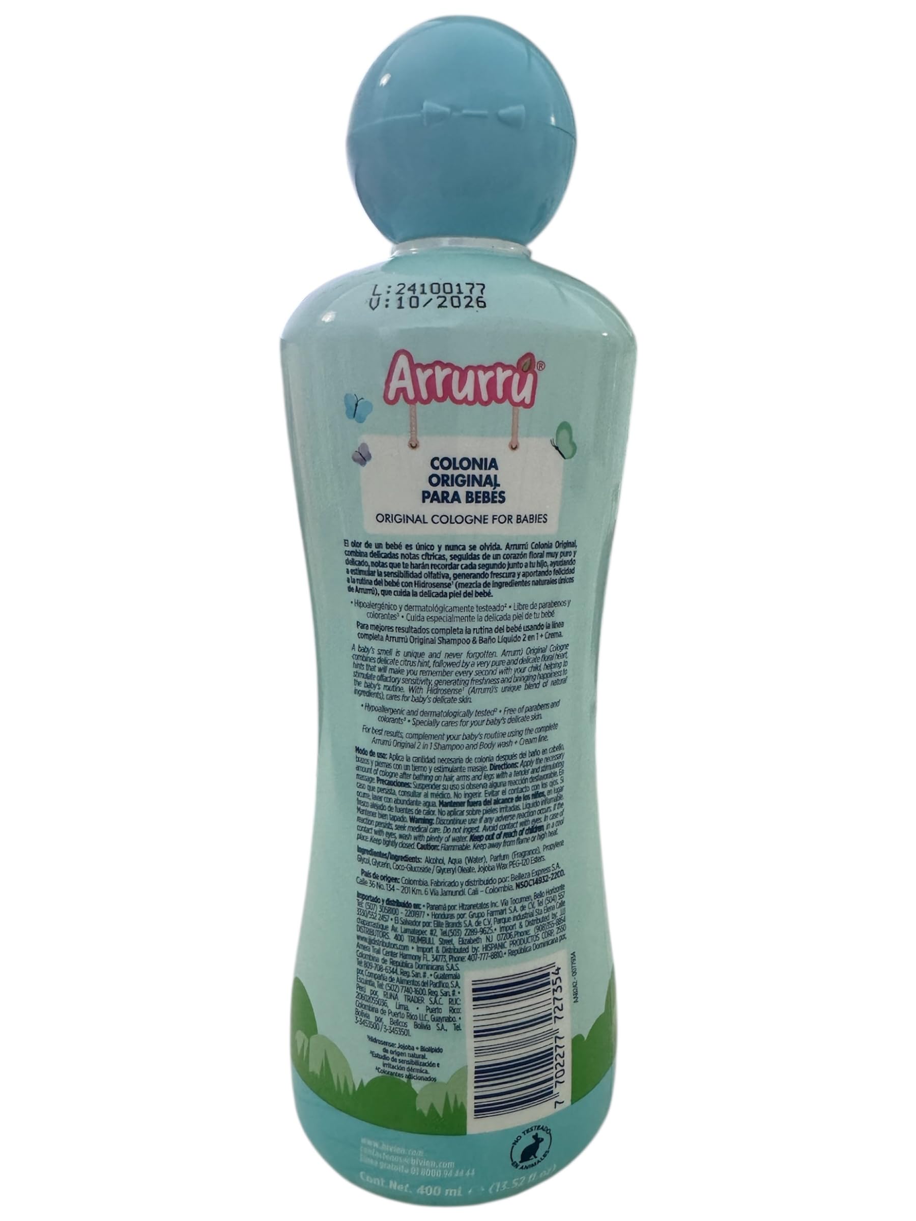 Back labels of Arrurru baby cologne and oat extract cream showcasing directions and safety tests.