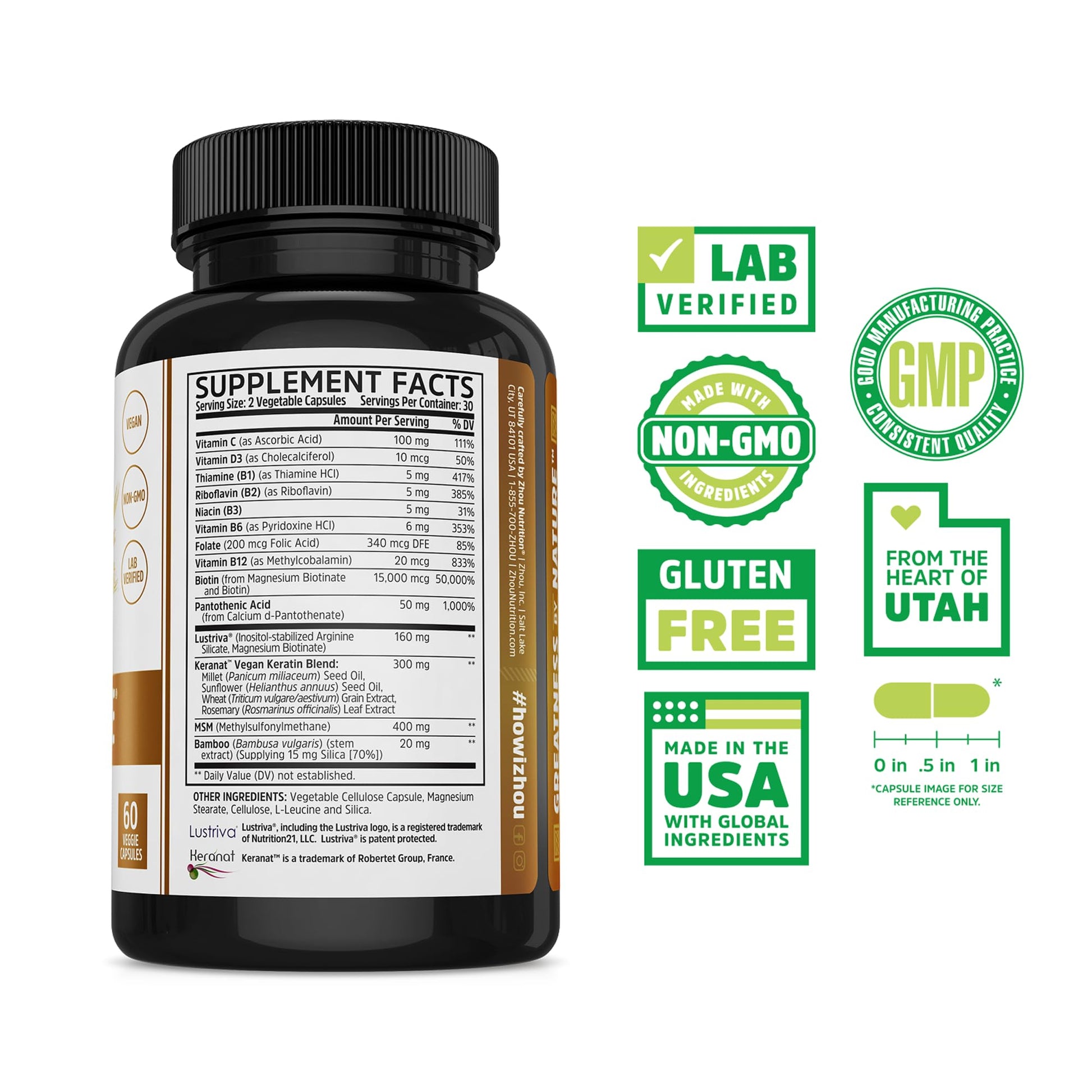 Zhou Hairfluence vegan biotin capsules with Lustriva and Keranat ingredients label