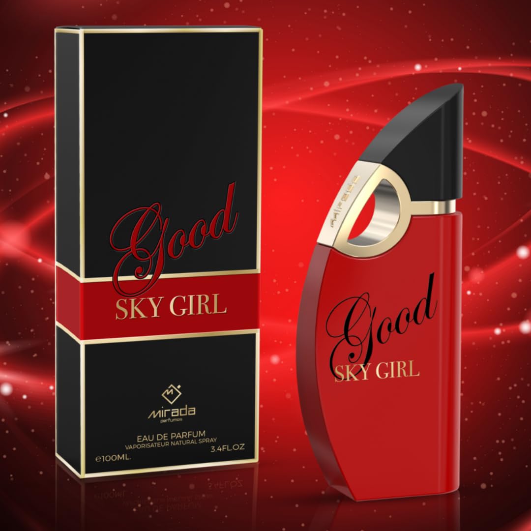 MIRADA Good Sky Girl 100ml EDP spray displaying the shimmering ruby red collector bottle design.