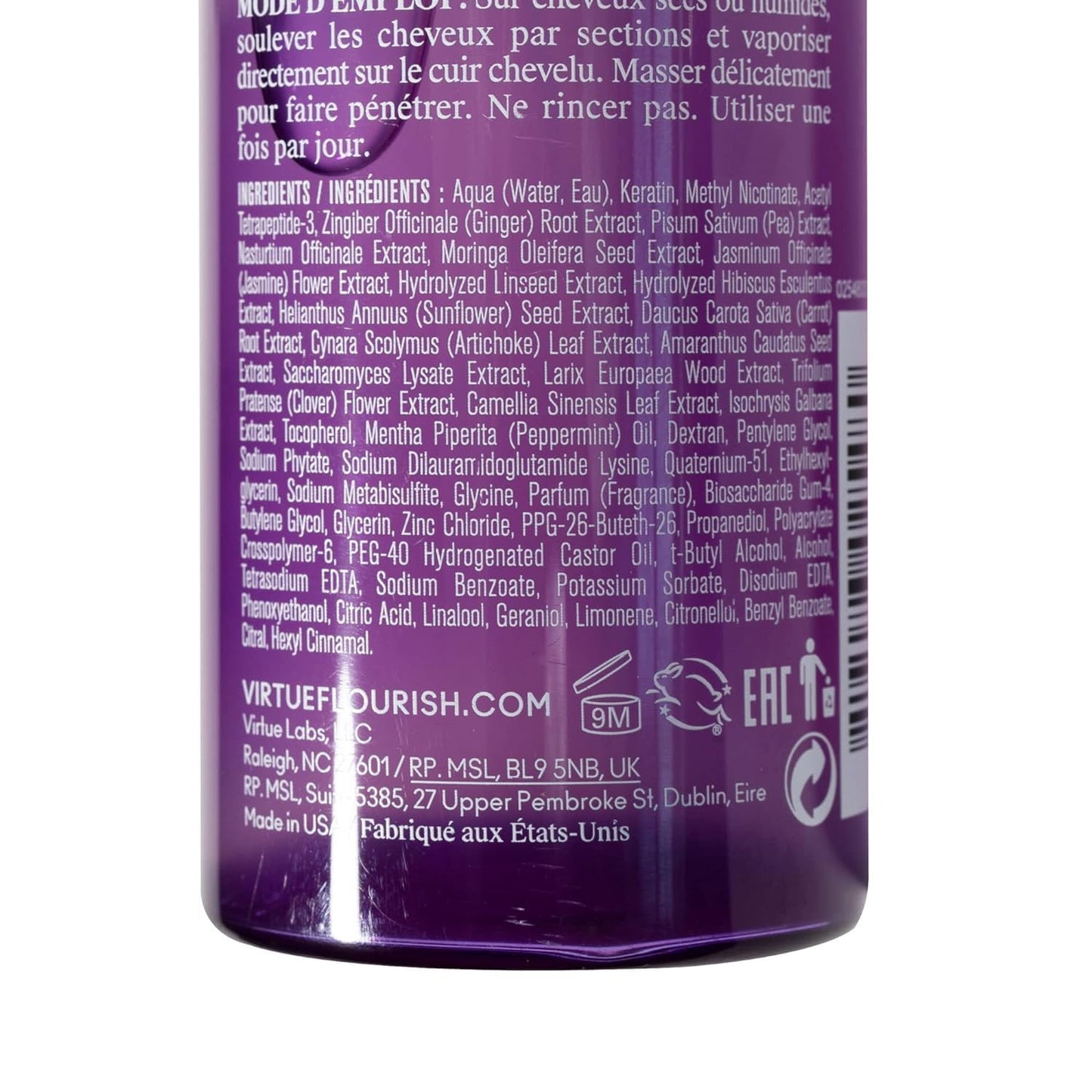 Virtue Flourish drug free hair growth booster spray fine mist nozzle close up