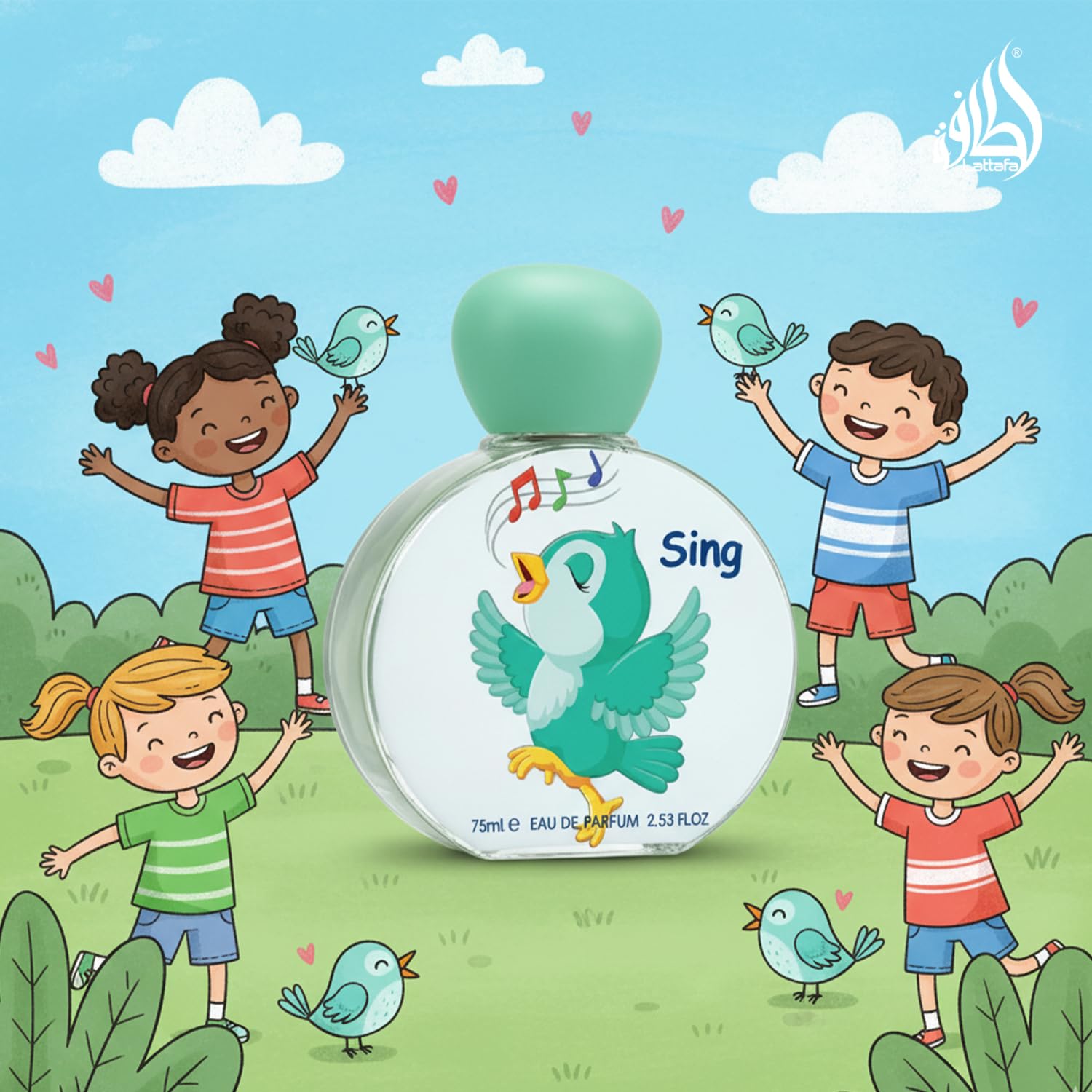 Lattafa Pride Sing 75ml fragrance bottle alongside its vibrant outer box displaying authentic brand elements.