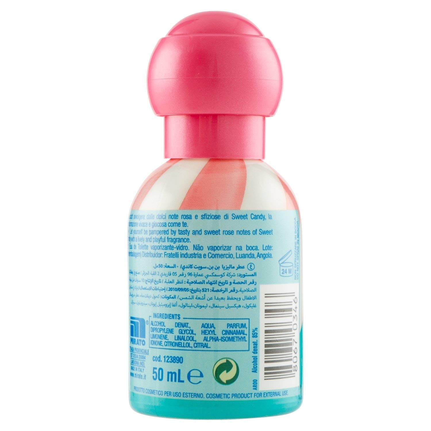 Side view of Malizia Bon Bons Oxygen Bubble fragrance spray bottle for tweens and teen girls
