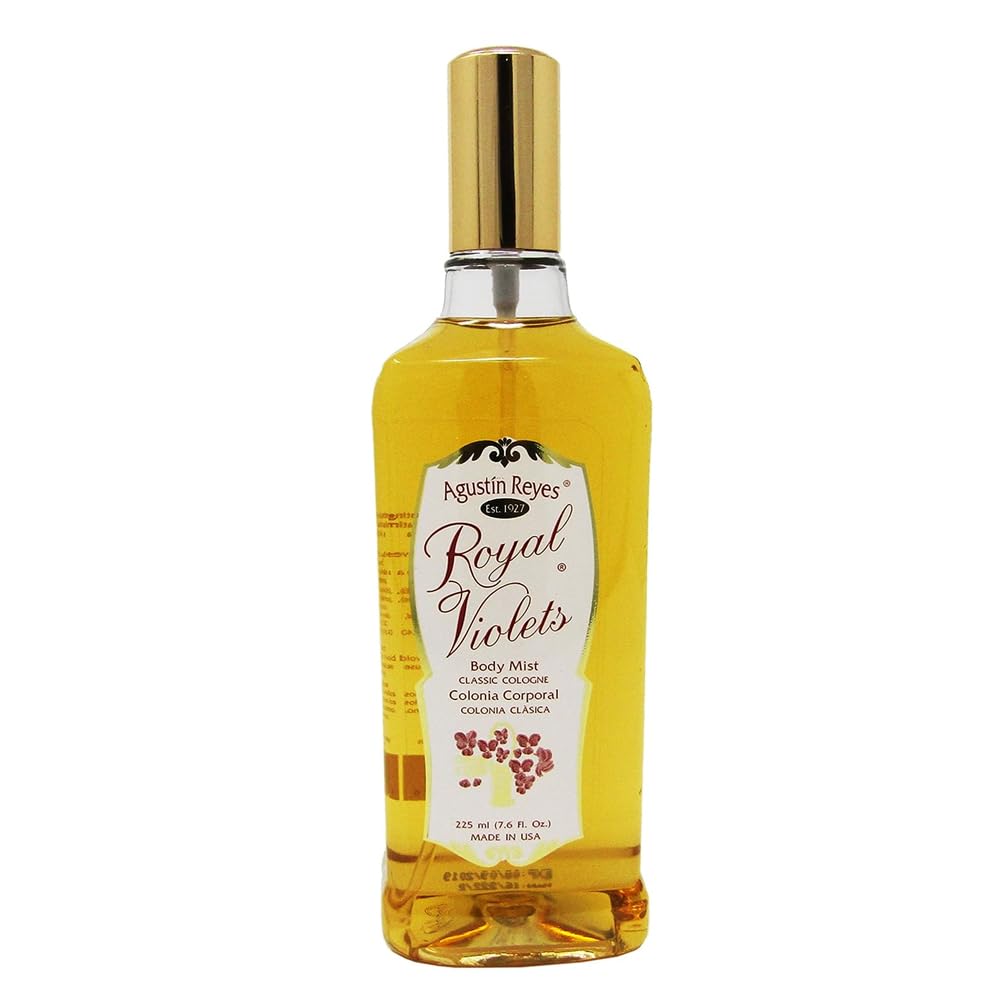 Authentic Agustin Reyes Royal Violets body mist spray showcasing brand labeling and ingredients