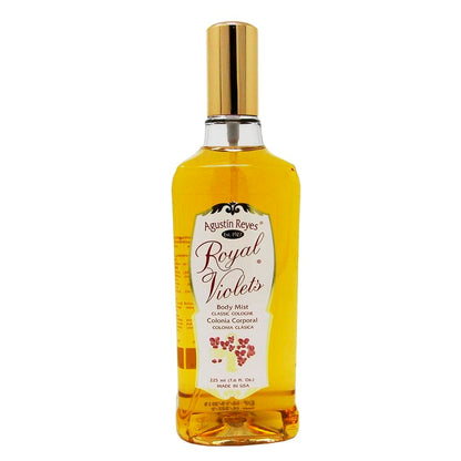 Authentic Agustin Reyes Royal Violets body mist spray showcasing brand labeling and ingredients