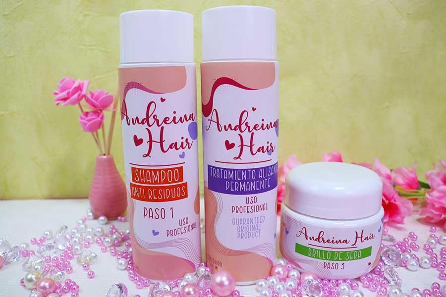 Andreina Hair professional organic hair straightening kit bottles