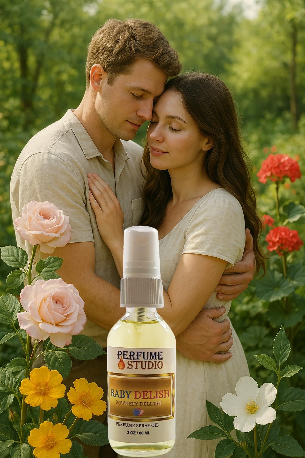 Long lasting sweet and fresh powder accord perfume oil mist on a clean background.