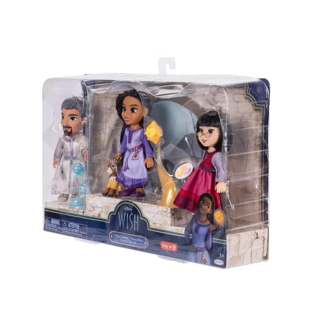 Detailed view of articulated Disney Wish mini fashion dolls featuring Asha and Star figure
