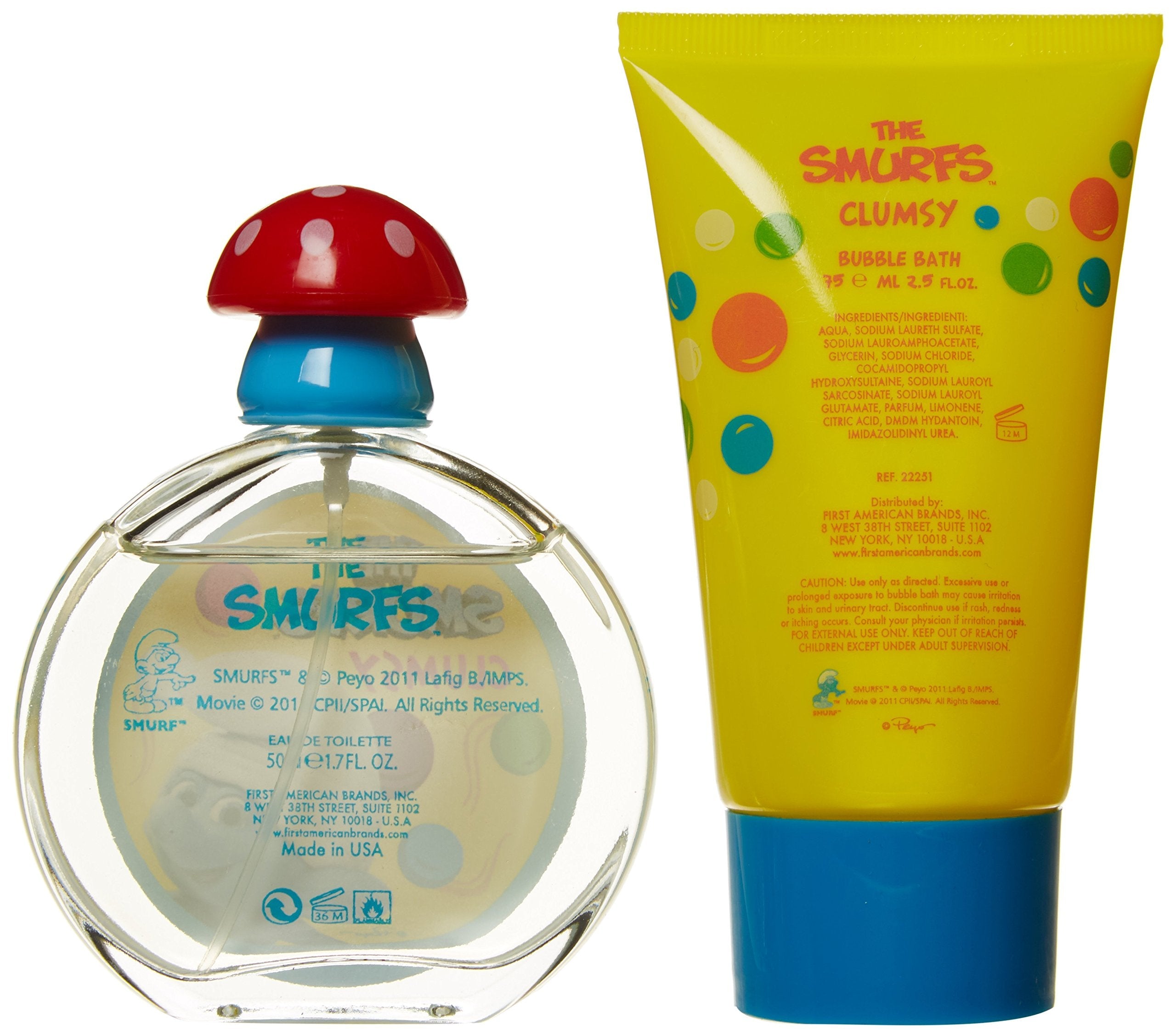The Smurfs Clumsy Eau de Toilette spray bottle and bubble bath tube extracted from collectible gift set packaging