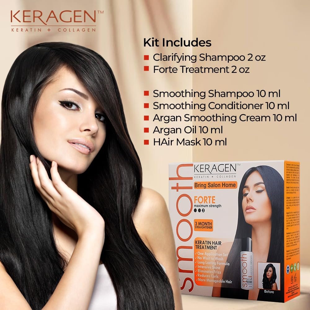 Keragen hair smoothing kit with clarifying shampoo and treatment bottles
