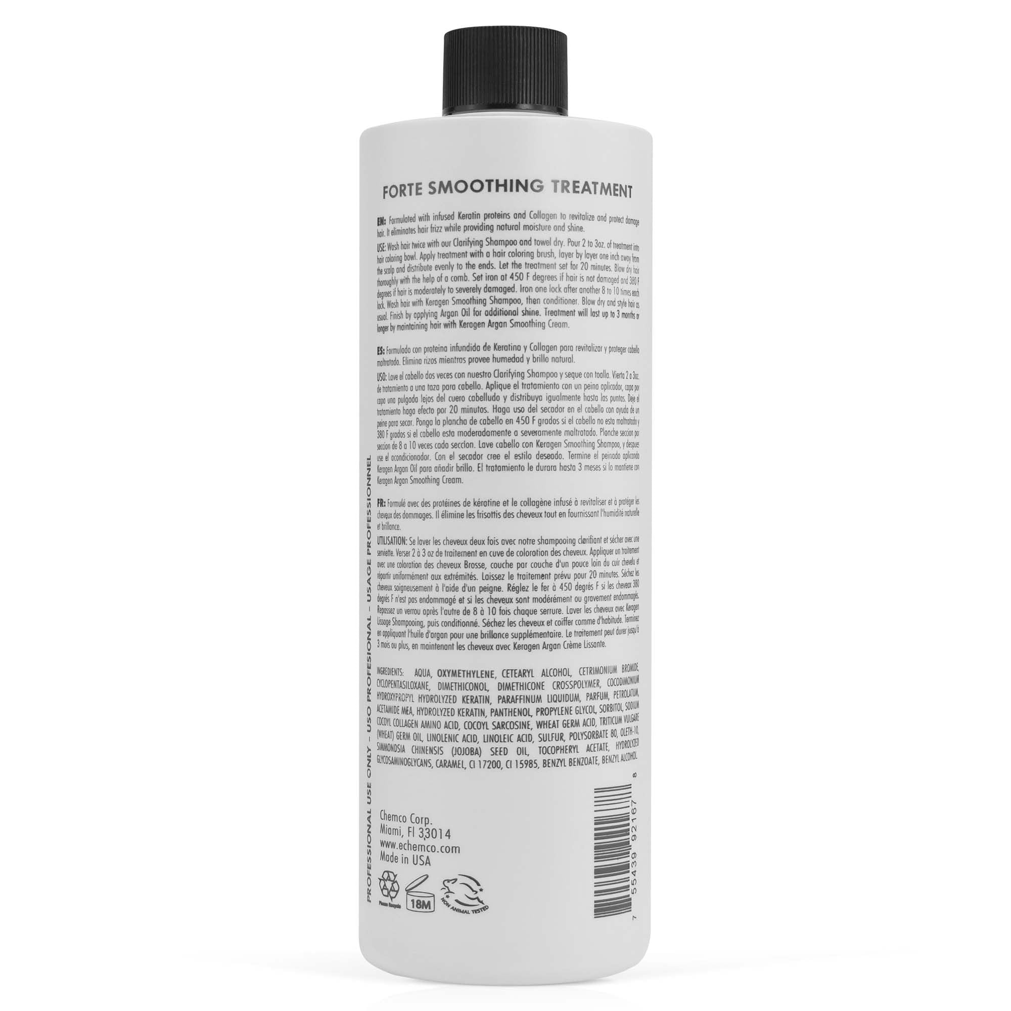 Close up of Keragen professional smoothing treatment label and branding.
